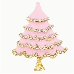 Betsey Johnson Pink Enamel Christmas Tree Brooch with Crystals Gold Tone